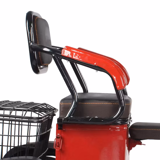 앞뒤에 바퀴 3개와 바구니가 달린 개방형 미니 전기 세발자전거